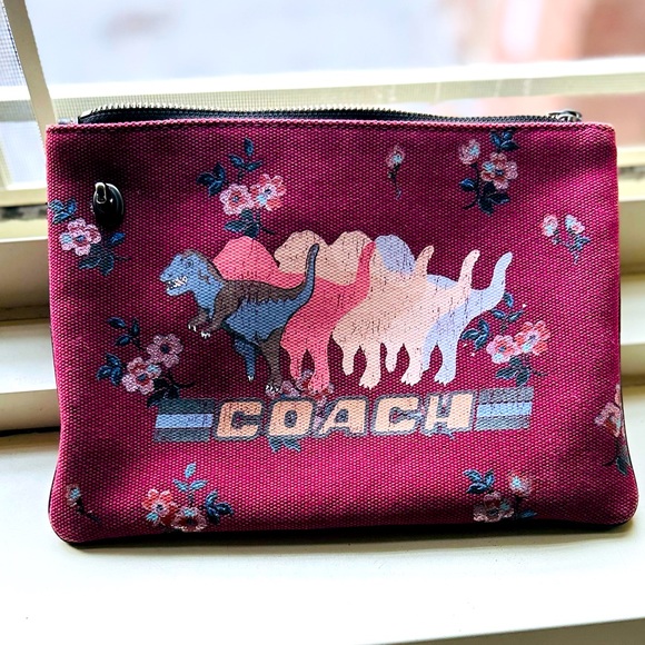 COACH Lexi 51229 Clutch Bag Dinosaur Floral Print Burgundy Canvas W/Leather Trim - Picture 2 of 6